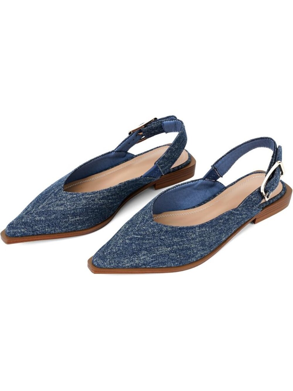 Women's Denim Blue Closed Pointed Toe Slip On Style Office Wear Flat Mules Shoes - Picture 4 of 6